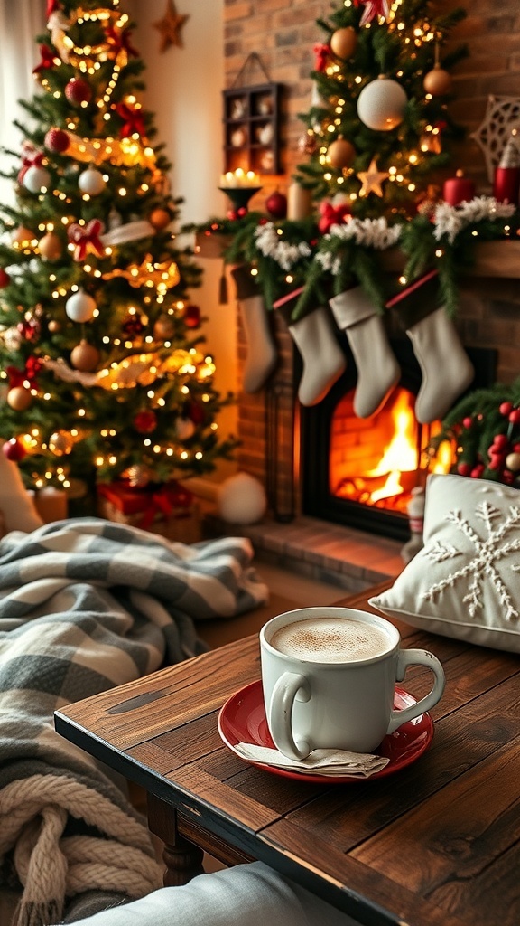 Cozy Christmas Aesthetic Video Ideas A warm and inviting Christmas scene with a decorated tree, fireplace, and hot cocoa.
